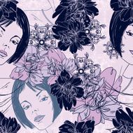 abstract vector seamless pattern with girl flowers and ornaments