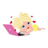 Cute blonde with laptop and flying hearts