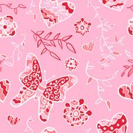 Floral seamless pattern with flowers hearts and butterfly N2
