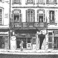 artistic drawing of a facede with long balcony