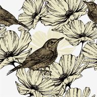 Seamless pattern with blooming flowers and singing birds hand-drawing