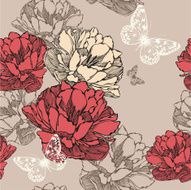 Seamless pattern with blooming tulips and flying butterflies Vector illustration