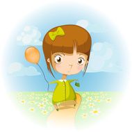 little girl in green dress walking on meadow with chamomile N2