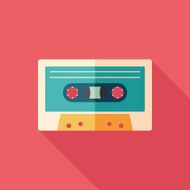 Audio cassette flat square icon with long shadows