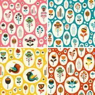 Set of seamless patterns with flowers and birds in snowballs