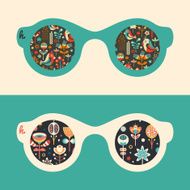 Set of hipster sunglasses with flowers and happy birds
