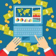 Human Hands with Notebook Infographics and Dollars - Business Illustration