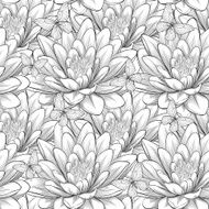 black and white seamless pattern with lotus flowers