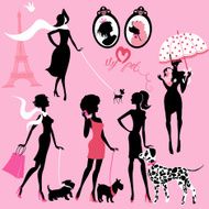 black silhouettes of fashionable girls with their pets - dogs