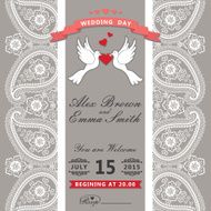 Cute wedding invitation Paisley border lace cartoon pigeons Vint
