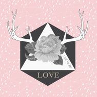 Hipster abstract background with deer&#039;s antlers and roses label