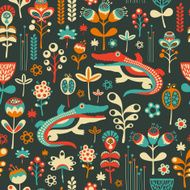 Colorful seamless pattern with happy crocodiles and flowers