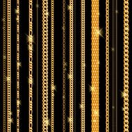 Glowing golden chains with sparks on black background Seamless pattern