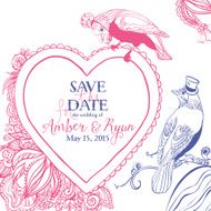 Save the date Wedding invitation card with birds and heart N2