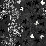 Monochrome seamless pattern of flowers and butterflies Hand-drawn floral background