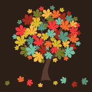 Stylized autumn tree with falling leaves for greeting card