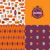 Seamless patterns of Halloween symbols and label