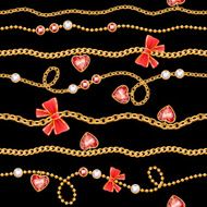 Golden chains &amp; red gemstones with bows pattern on black