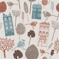 Pattern with trees houses and birds in vintage style