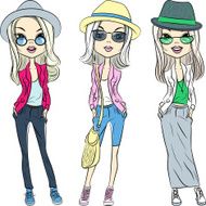 Vector beautiful fashion hipster girls in hats and glasses N2