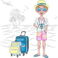 Vector hipster traveler guy on the sea beach N2