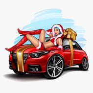 Christmas girl on red car