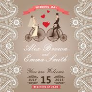 Vintage wedding invitation with lace groom bride