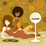 Retro 1970s Style Women Listening to Record Player