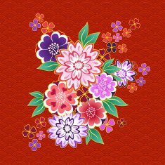 Decorative kimono floral motif on red background