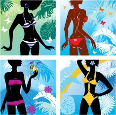 Woman silhouettes in bikini swimwear at tropical beach