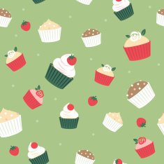 Seamless cupcakes and berries background - green back with strawberries