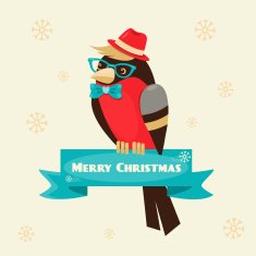 Christmas background and greeting card with hipster bullfinch