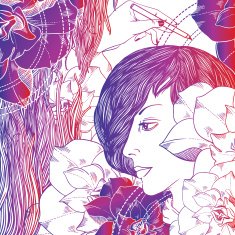 girl flowers waves and hand with pencil - purple background