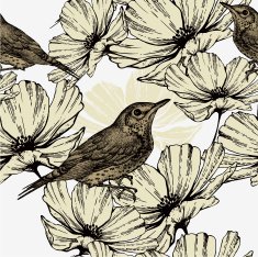 Seamless pattern with blooming flowers and singing birds hand-drawing