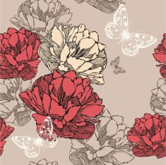 Seamless pattern with blooming tulips and flying butterflies Vector illustration