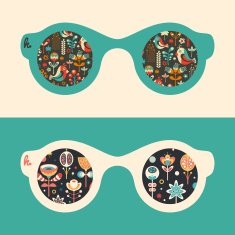 Set of hipster sunglasses with flowers and happy birds