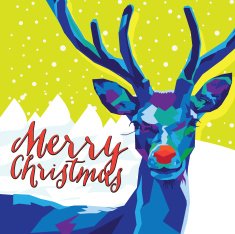 Geometric Reindeer on Green with Snow and Merry Christmas Text