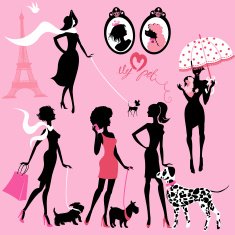 black silhouettes of fashionable girls with their pets - dogs