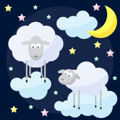 Funny vector background with cartoon moon clouds stars and sheep