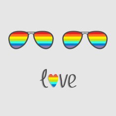 Two glasses with rainbow lenses Word love heart