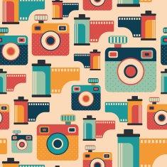 Seamless pattern with colorful retro cameras and films