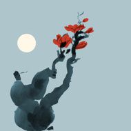 Greeting card template Japanese style Blossoming tree Vectorized ink drawing N4