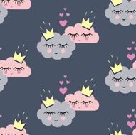 Seamless pattern with smiling sleeping clouds in love for holidays N2