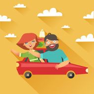Stylish fashion couple traveling by car