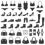 Set of vector silhouettes shoes swimwear and accessories Icons N2