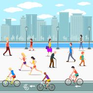 Group of people promenade on city river street Flat illustration