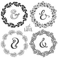 Hand drawn rustic vintage wreaths with lettering and ampersand