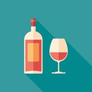 Wine bottle and glass flat square icon with long shadows