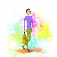 fashion shopping casual man with bag over colorful paint splash