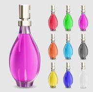 Set of multicolored bottles with perfume